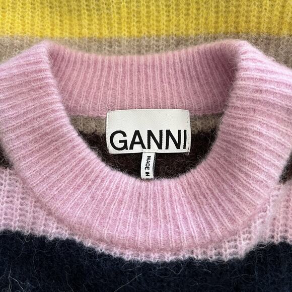 GANNI Striped Alpaca Merino Wool Sweater Lilac Yellow Puff Sleeve Knit Size S - Picture 5 of 10
